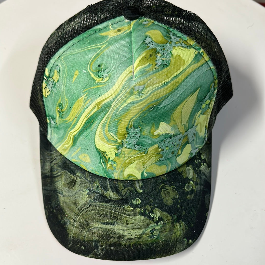 Water Marbled Truckers Hat! Black & Greens