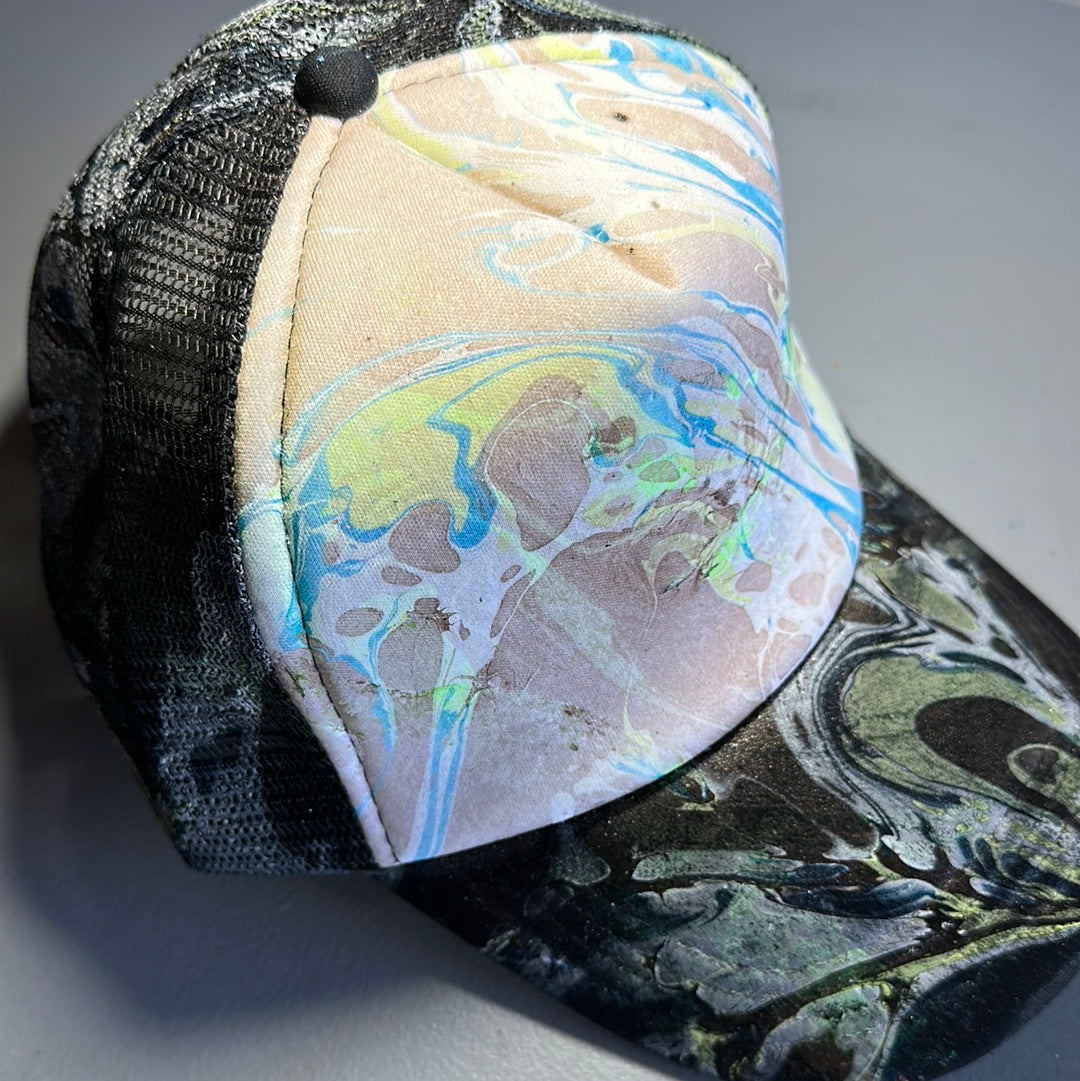 Water Marbled Truckers Hat! Brown, Blue & Lime!