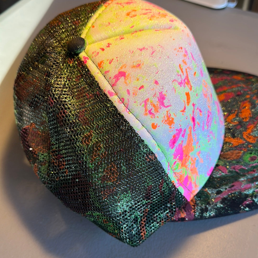 Water Marbled Truckers Hat! Neon Pink, Orange, Green & Iridescent Glitter!