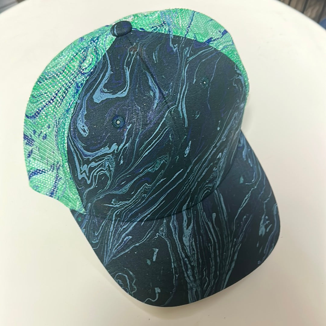 Water Marbled Truckers Hat! Navy & Teal