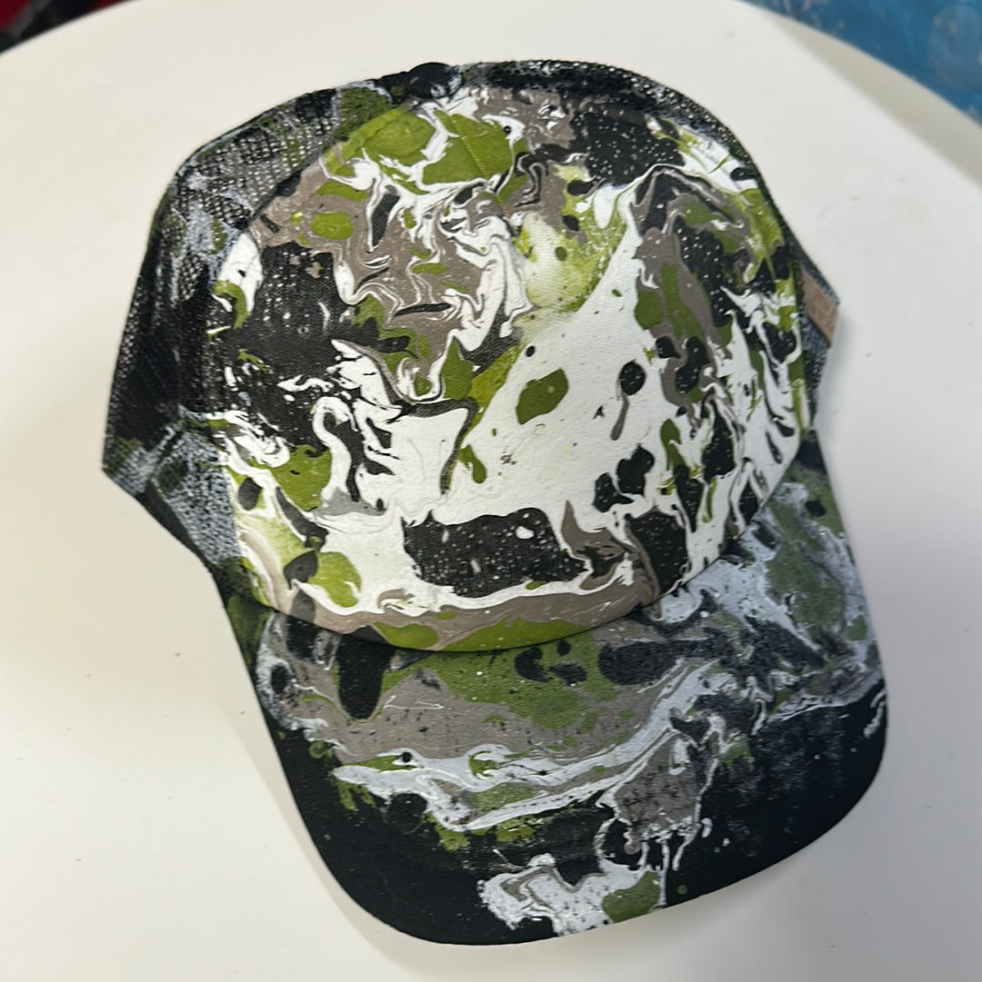 Water Marbled Truckers Hat! Olive, White & Black