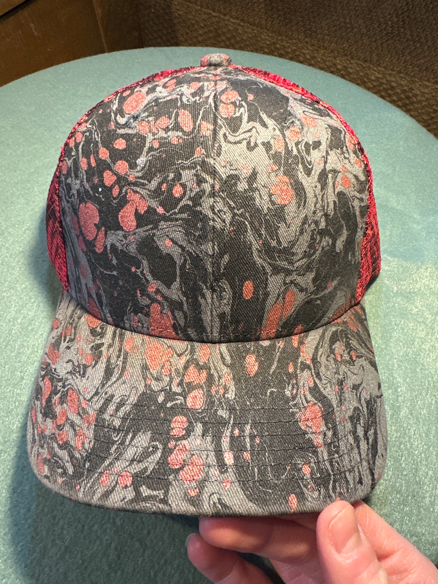 Water Marbled Truckers Hat! Metallic Red, Black & Charcoal!
