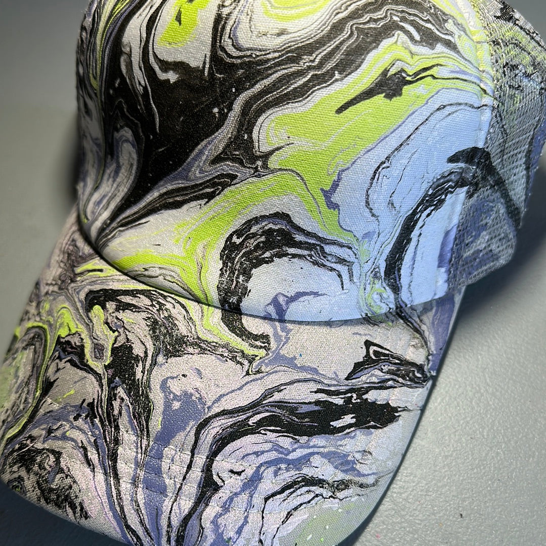 Water Marbled Truckers Hat! Purple, Lime, Gray & Black