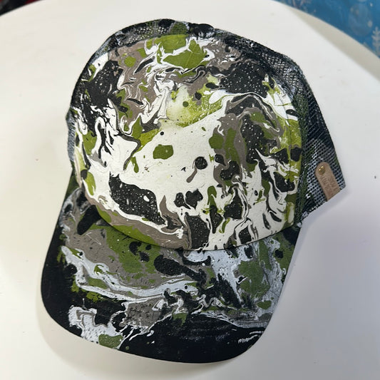 Water Marbled Truckers Hat! Olive, White & Black