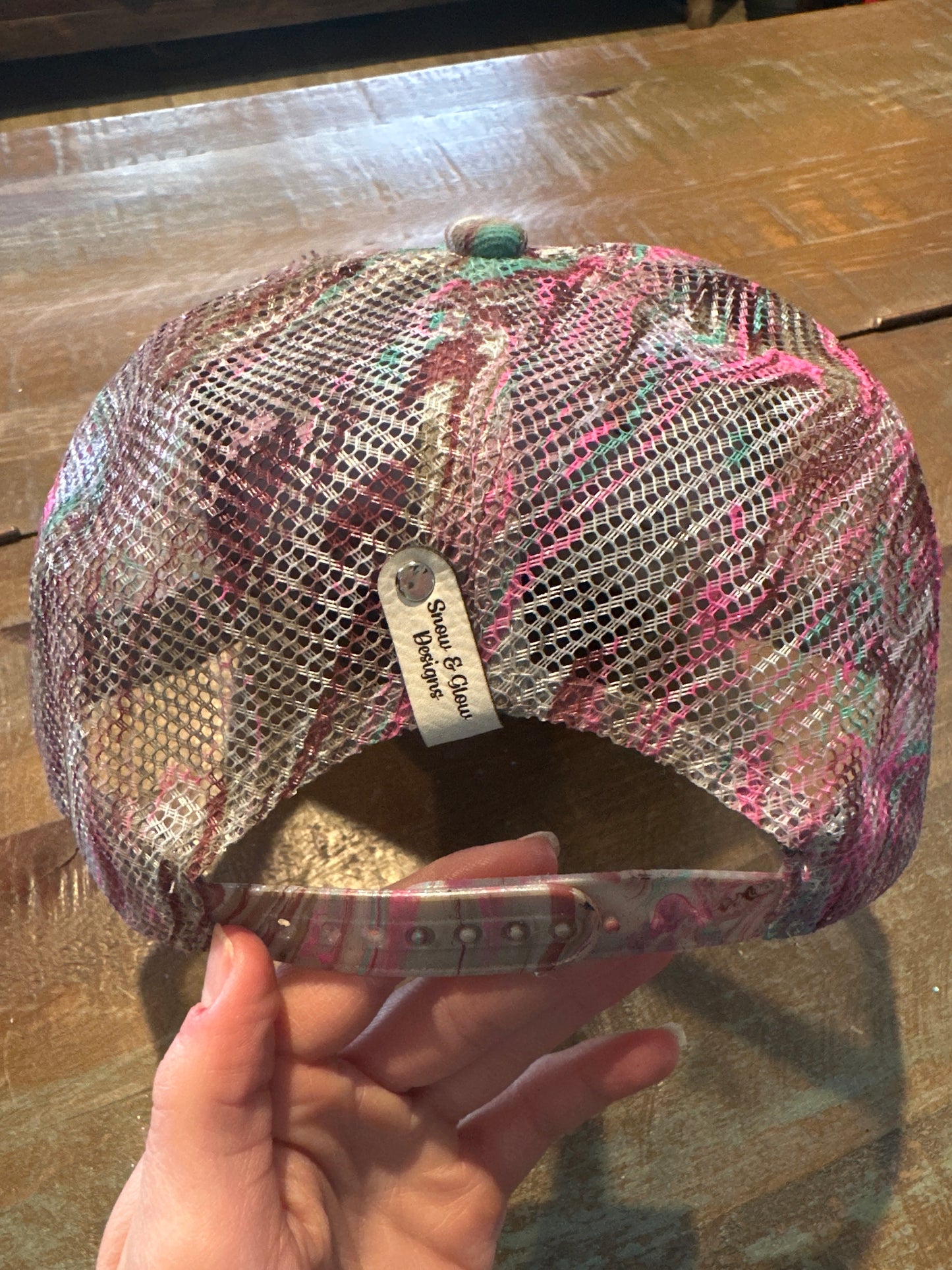 Water Marbled Flat Brim Hat! Pinks, Aqua & Gray!