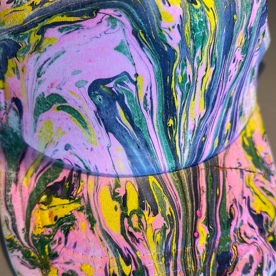 Water Marbled Truckers Hat! Pink, Navy, Green & Yellow!