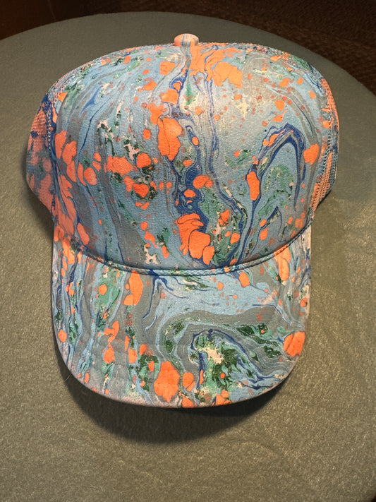 Kids Water Marbled Truckers Hat! Blues, Teal & Neon Orange!