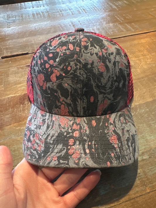 Water Marbled Truckers Hat! Metallic Red, Black & Charcoal!