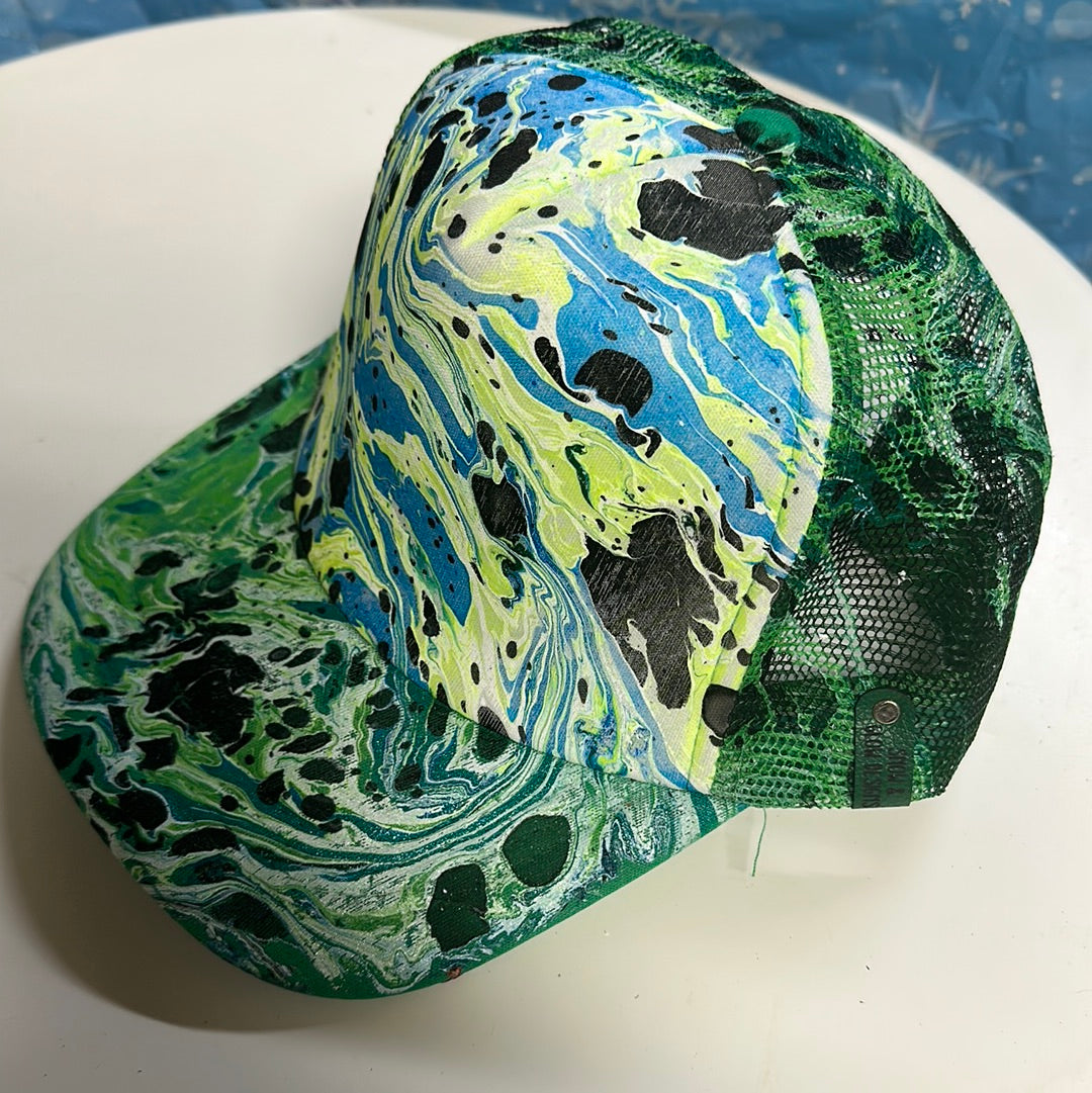 Water Marbled Truckers Hat! Greens, Blue & Black