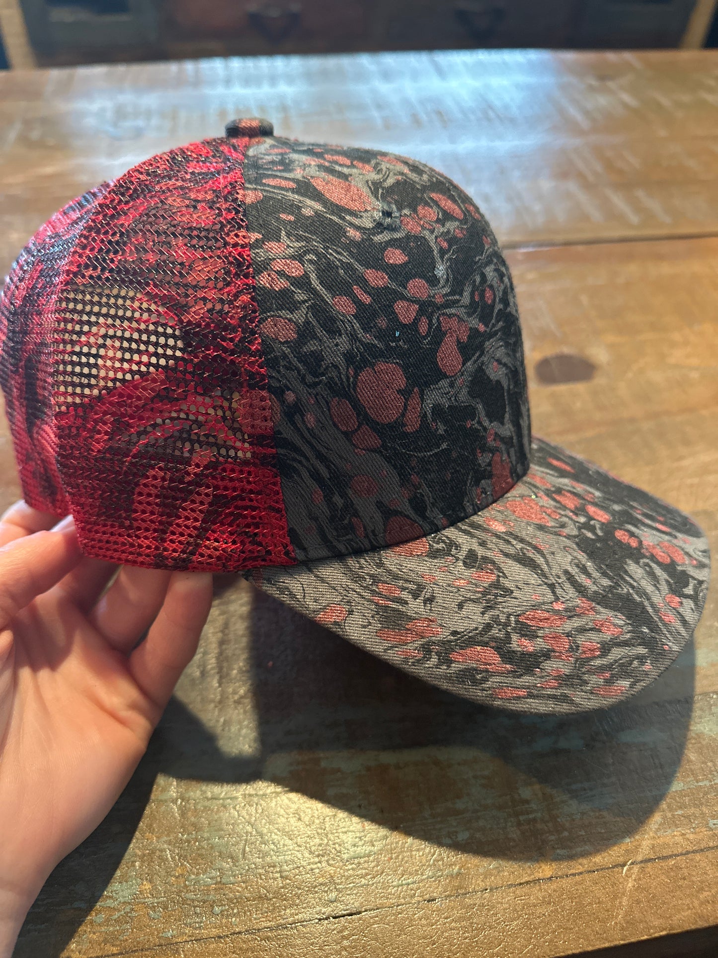 Water Marbled Truckers Hat! Metallic Red, Black & Charcoal!