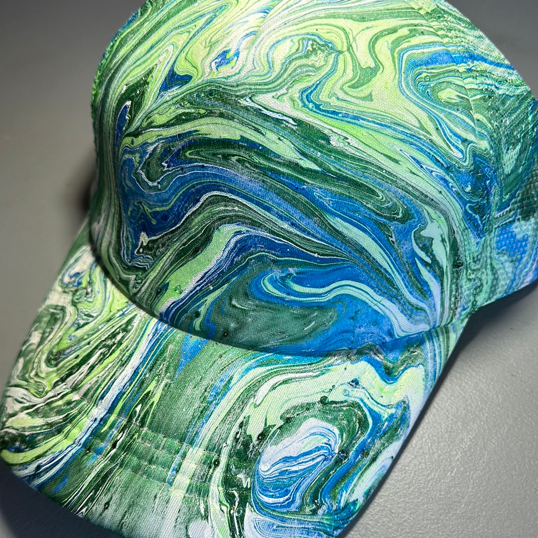 Water Marbled Truckers Hat! Blues & Greens!