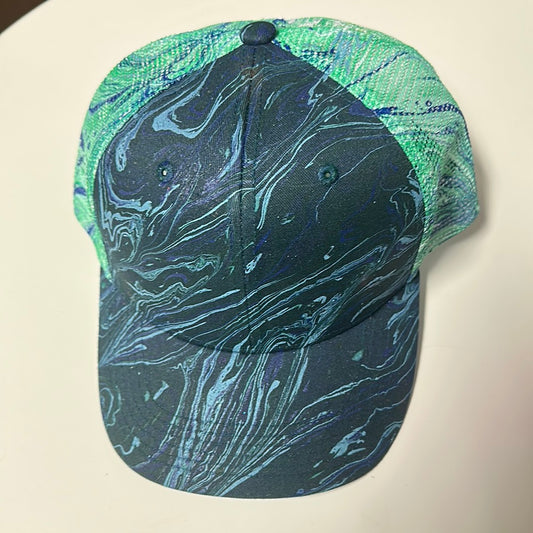 Water Marbled Truckers Hat! Navy & Teal