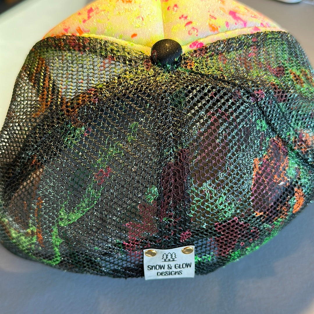 Water Marbled Truckers Hat! Neon Pink, Orange, Green & Iridescent Glitter!