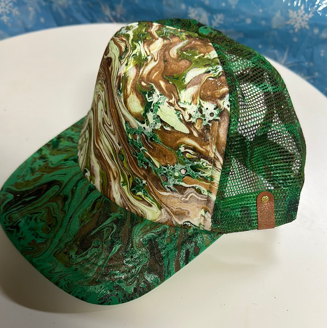 Water Marbled Truckers Hat! Greens & Browns