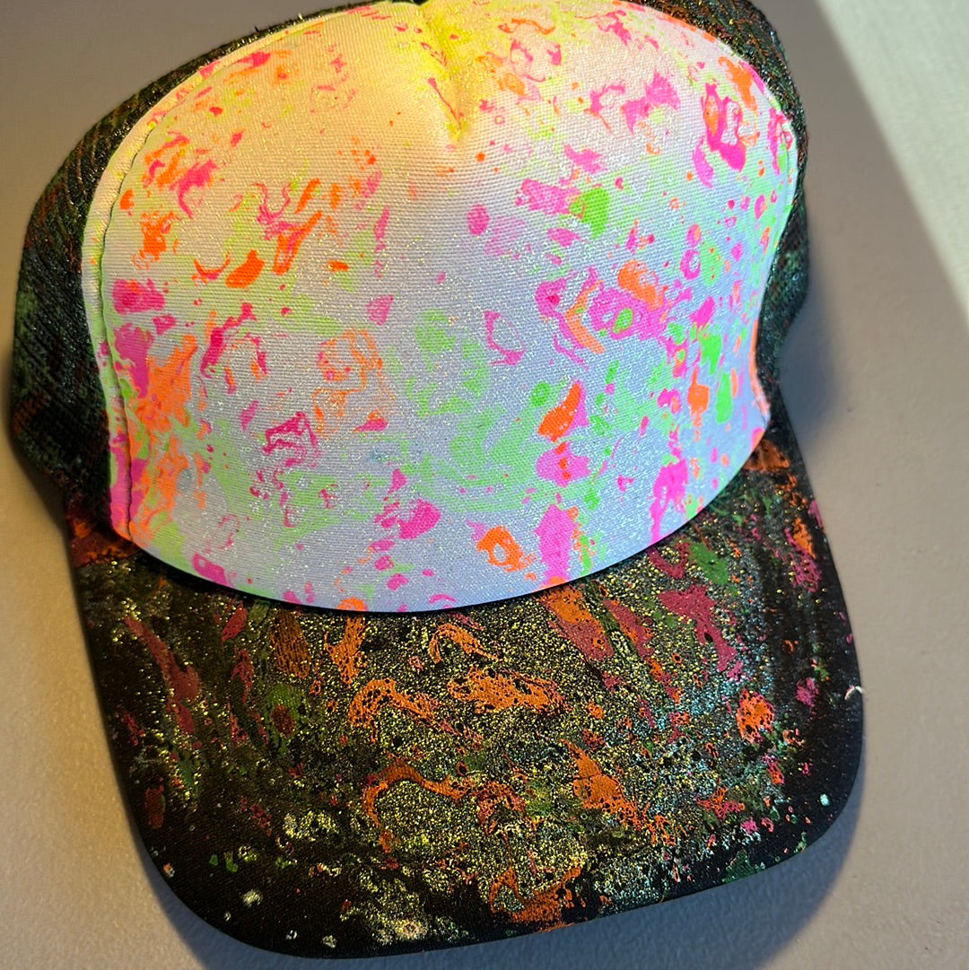 Water Marbled Truckers Hat! Neon Pink, Orange, Green & Iridescent Glitter!