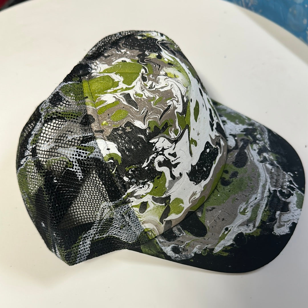 Water Marbled Truckers Hat! Olive, White & Black