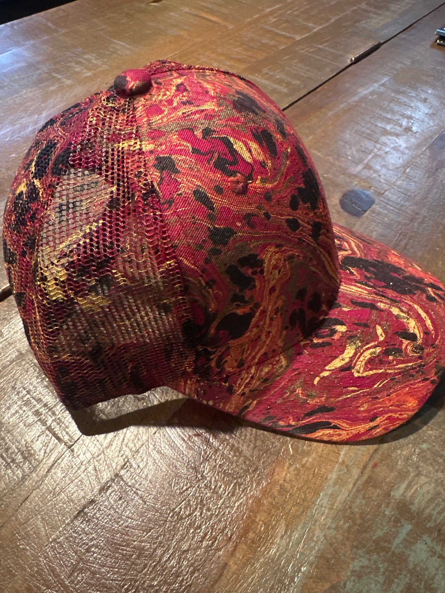 Water Marbled Baseball Hat! Red, Gold, Black & Brown!