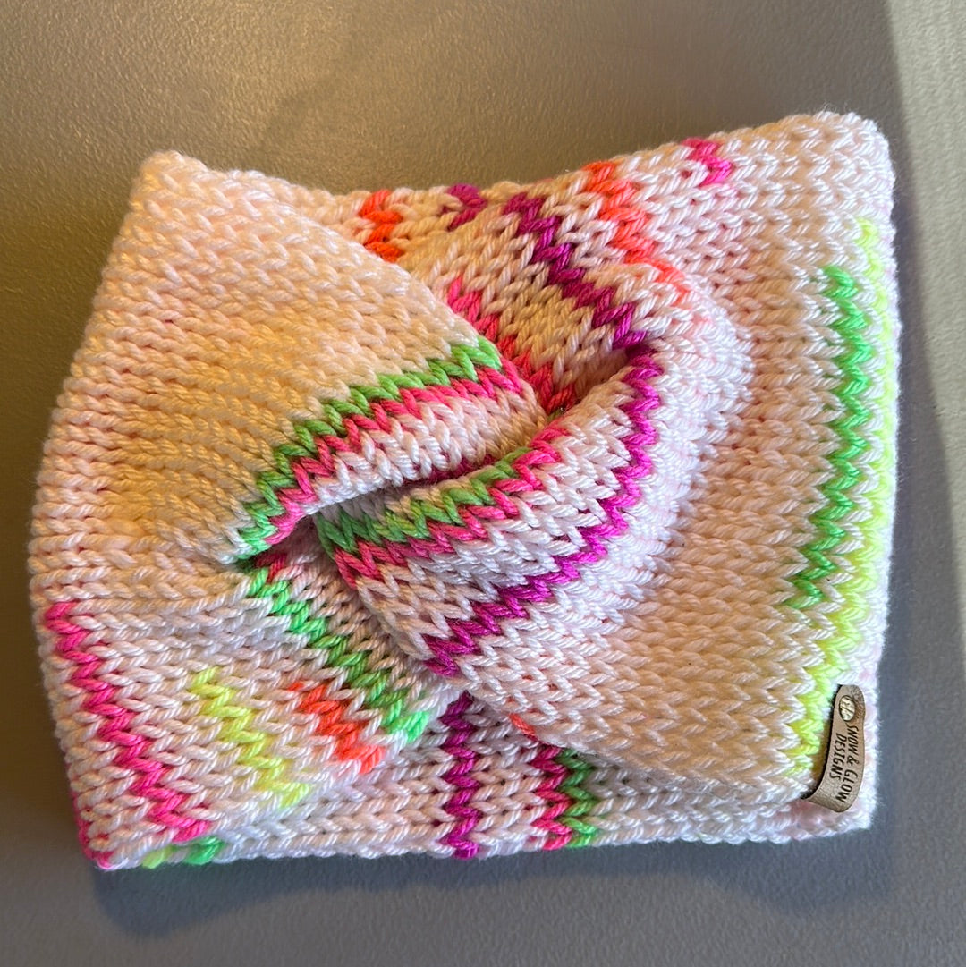 Handmade Headwarmer! White & Neon Color Pattern!