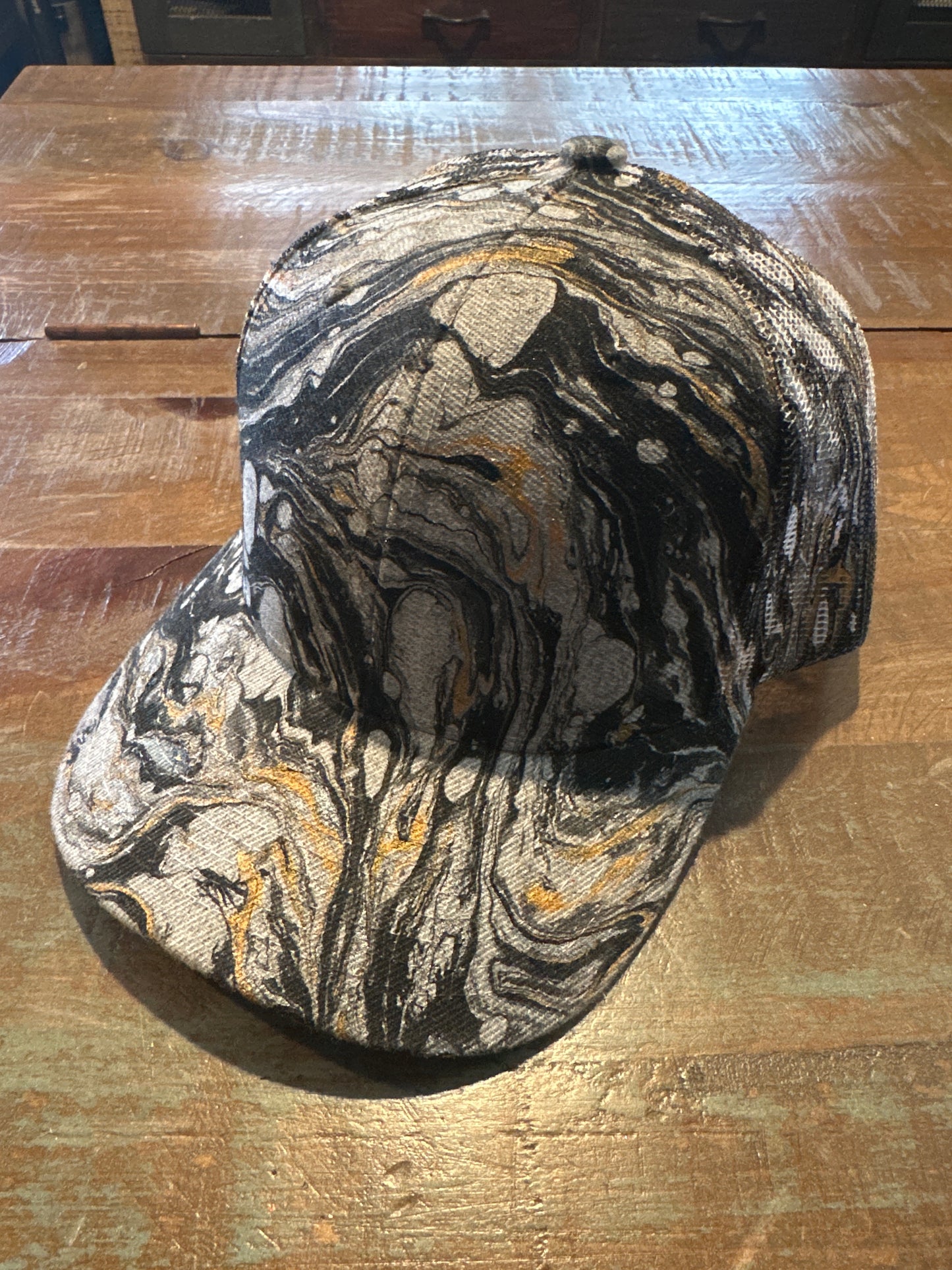 Water Marbled Truckers Hat! Gray, Gold, Black & Charcoal
