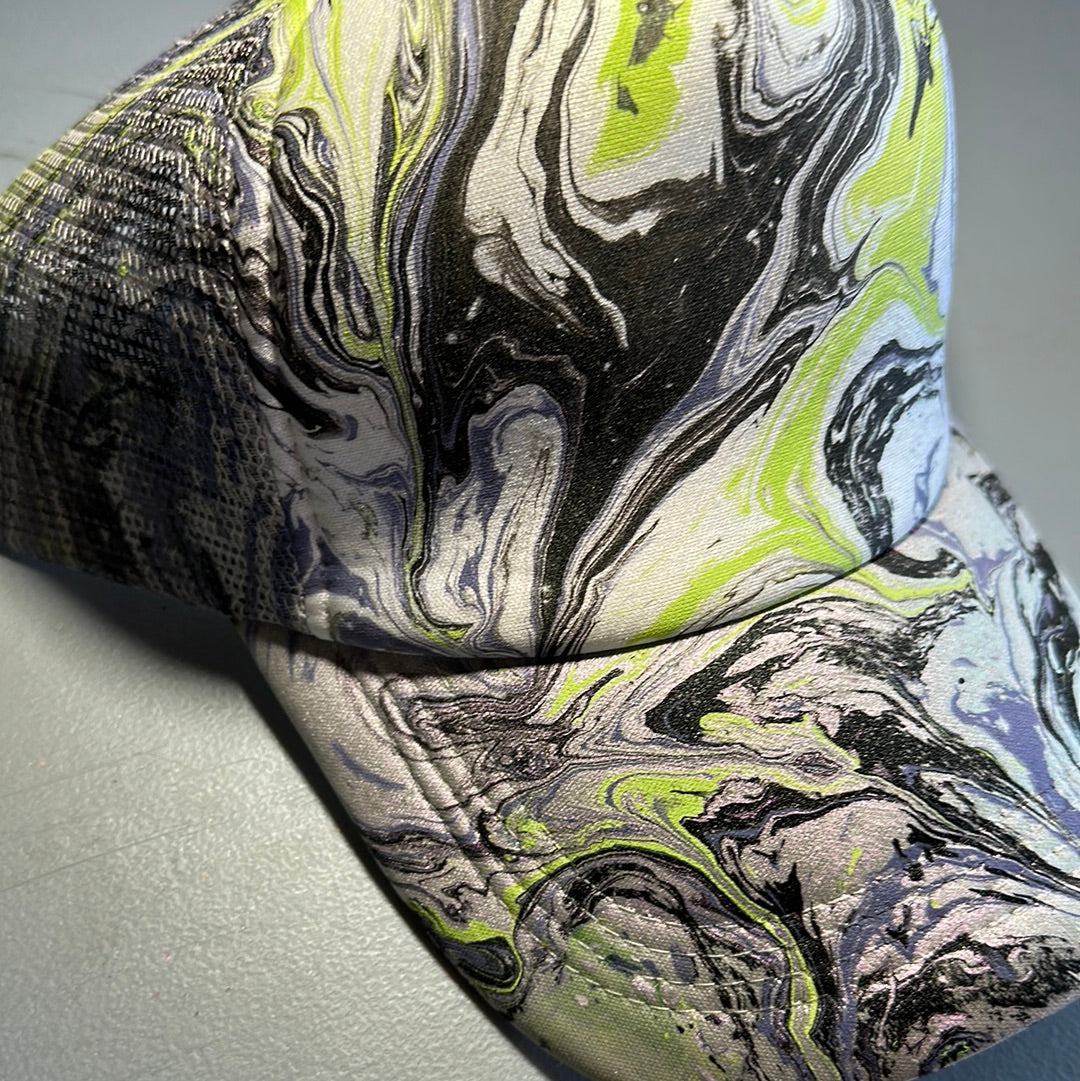 Water Marbled Truckers Hat! Purple, Lime, Gray & Black