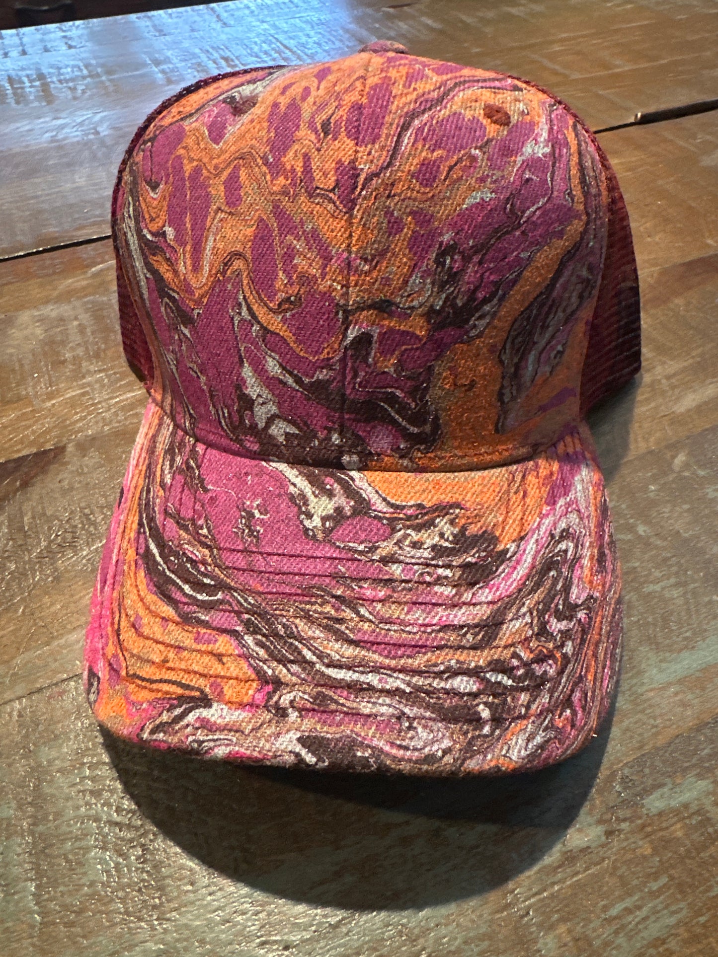 Water Marbled Baseball Hat! Magenta, Neon Orange, Gold & Maroon!