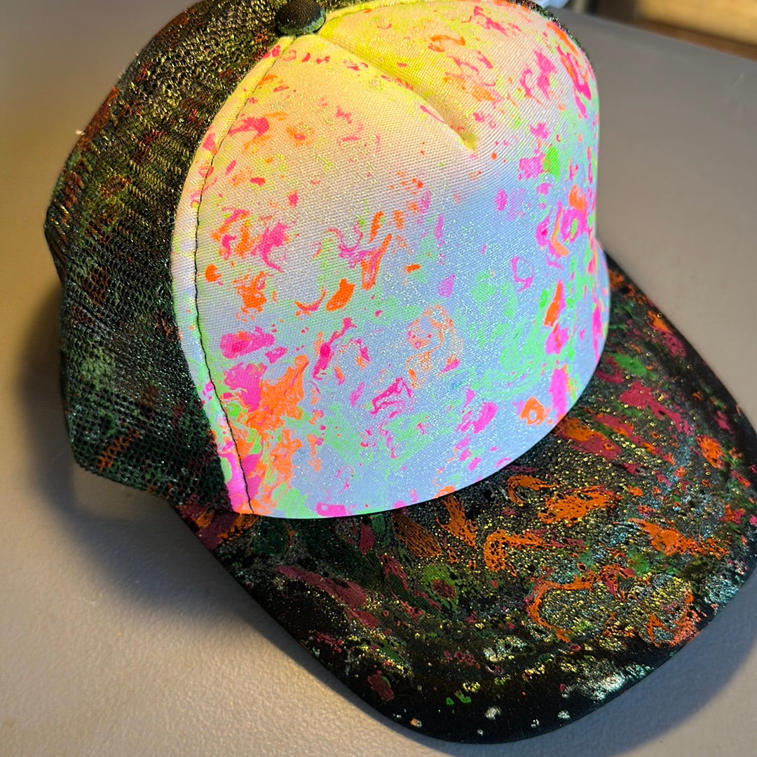 Water Marbled Truckers Hat! Neon Pink, Orange, Green & Iridescent Glitter!