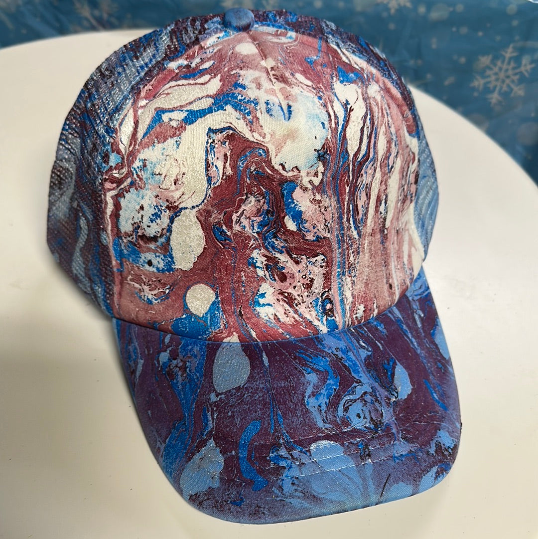 Water Marbled Truckers Hat! Blue & Maroon