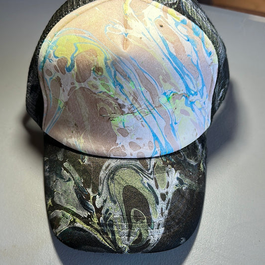 Water Marbled Truckers Hat! Brown, Blue & Lime!