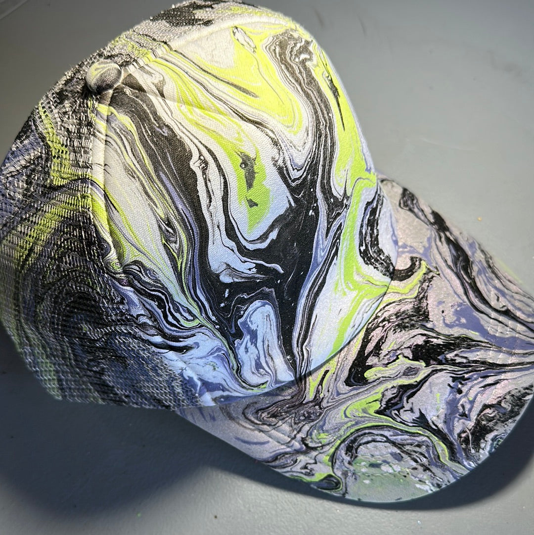 Water Marbled Truckers Hat! Purple, Lime, Gray & Black