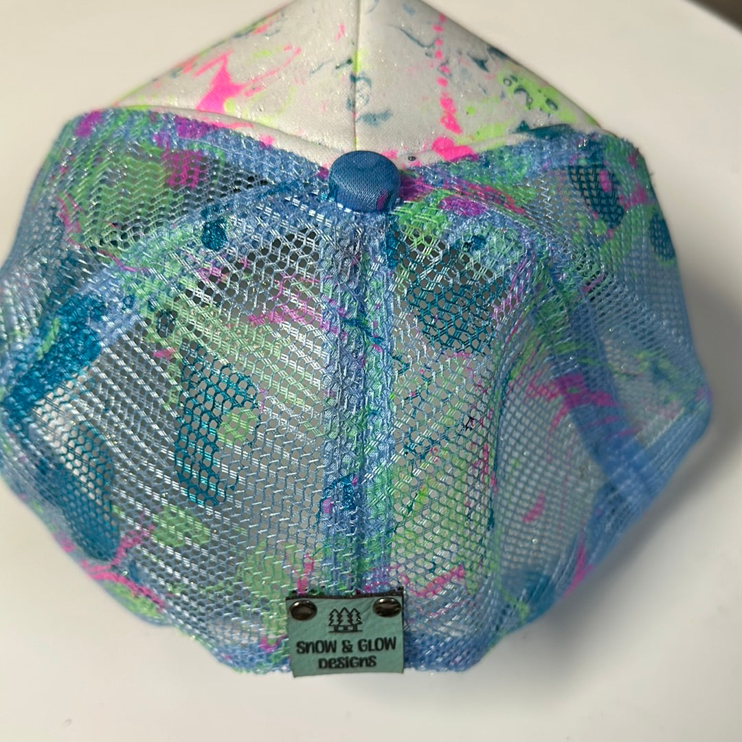 Water Marbled Truckers Hat! Blue, Neon Green, Pink & Iridescent White