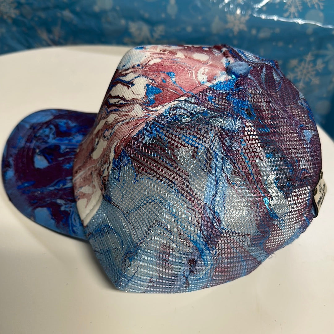 Water Marbled Truckers Hat! Blue & Maroon